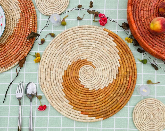 HandWoven Spiral Placemats, Orange Placemats Round, Boho Placemats Set, Eco Friendly Placemats, Rustic Placemat, Boho Table Decor, 14 inch