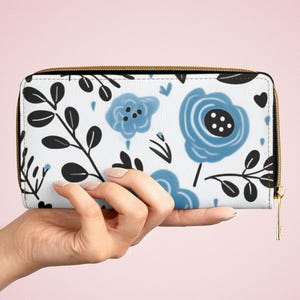 Cartera con cremallera azul y negra estilo boho para mujer, cartera con cremallera con diseño floral retro, regalo de cumpleaños para esposa, cartera larga de moda, cartera larga de cuero