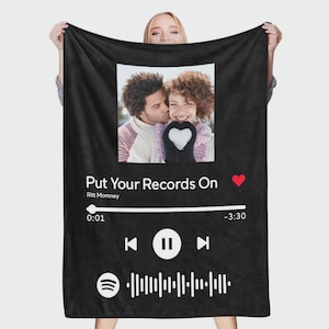 スキャン可能な音楽コード付きカスタムフォトブランケット。カップル、記念日、誕生日、バレンタインデーにパーソナライズされた刻印ギフト。