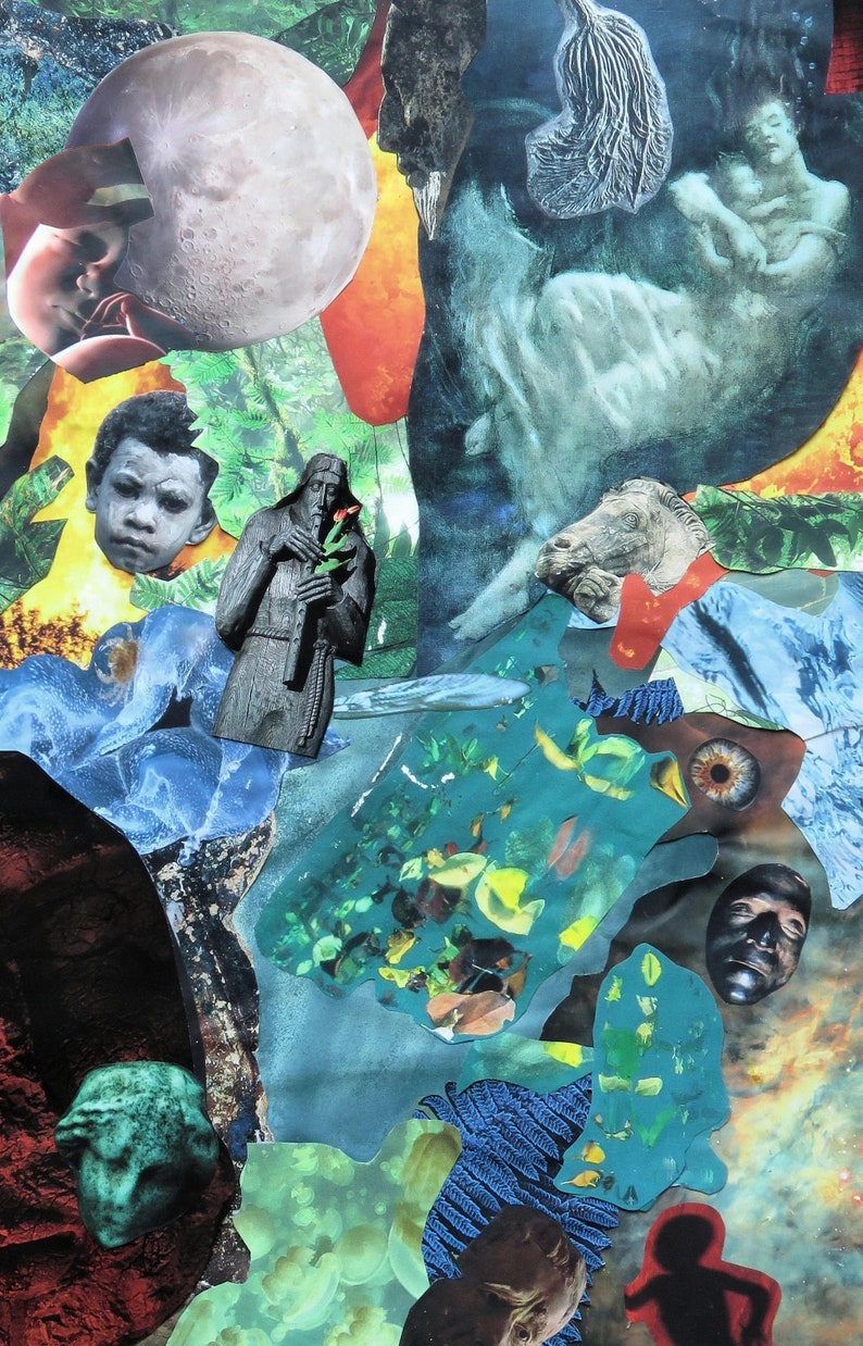 May include: A collage of images featuring a moon, a person playing a flute, a woman holding a child, a man with a beard, and a variety of other abstract shapes and colors.