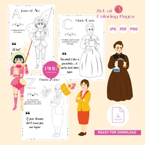 Famous Women Coloring Pages, Feminist Kids Study, Printable Quotes, Educational, Woman Coloring, Set of 3 Coloring Pages