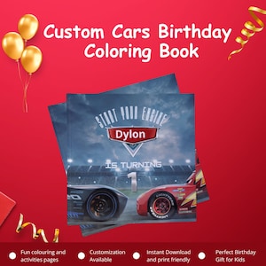 Cars Coloring Book| Personalized Birthday Coloring and Activity Pages with Name, Age| Lightning McQueen | Digital Download