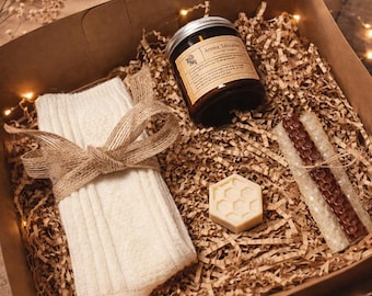 Natural Wool Socks, Beeswax Soap, Vanilla Candle Gift Box – Cozy Comfort Set