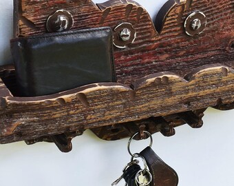 Wall Mount Key Holder with Shelf -Western Rustic Design with Horse Shoe Nail Hooks and Steel Concho Accents