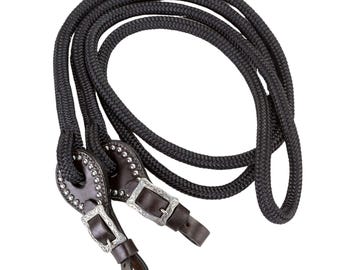 One Piece Rope Rein with Quality Herman Oak Dark Leather Slobber Straps - Jeramiah Watt (Horseshoe Brand) Buckles