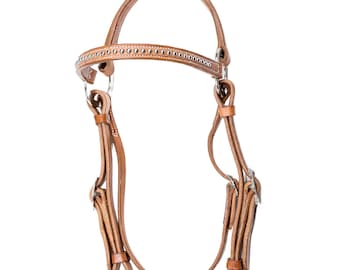 Quality Custom Herman Oak Leather Headstall with Stainless Studded Browband and Jeremiah Watt (Horse Shoe Brand) Hardware - Light Oil