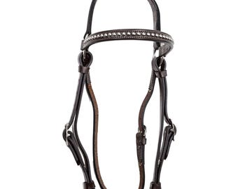 Quality Custom Herman Oak Leather Headstall with Stainless Studded Browband and Jeremiah Watt (Horse Shoe Brand) Hardware - Dark Oil