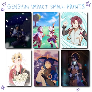 Könnte beinhalten: Sechs digitale Illustrationen von Charakteren aus dem Videospiel Genshin Impact. Die Illustrationen sind im Cartoon-Stil gehalten und zeigen eine Vielzahl von Charakteren, darunter einen jungen Mann mit blonden Haaren, eine junge Frau mit violettem Haar und einen jungen Mann mit blauen Haaren. Die Illustrationen sind vor verschiedenen Hintergründen platziert, darunter ein Wald, eine Stadt und ein Strand.