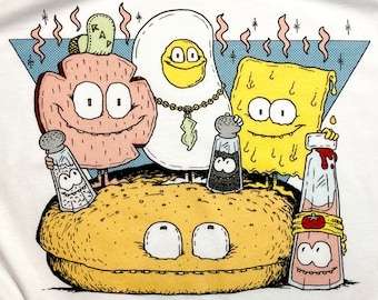 Cerdo Rollo Huevo y Queso camisa divertida camiseta NJ diseño desayuno sándwich diseño de dibujos animados arte de Nueva Jersey Arte Taylor Ham PEC Salt Pepper Ketchup US