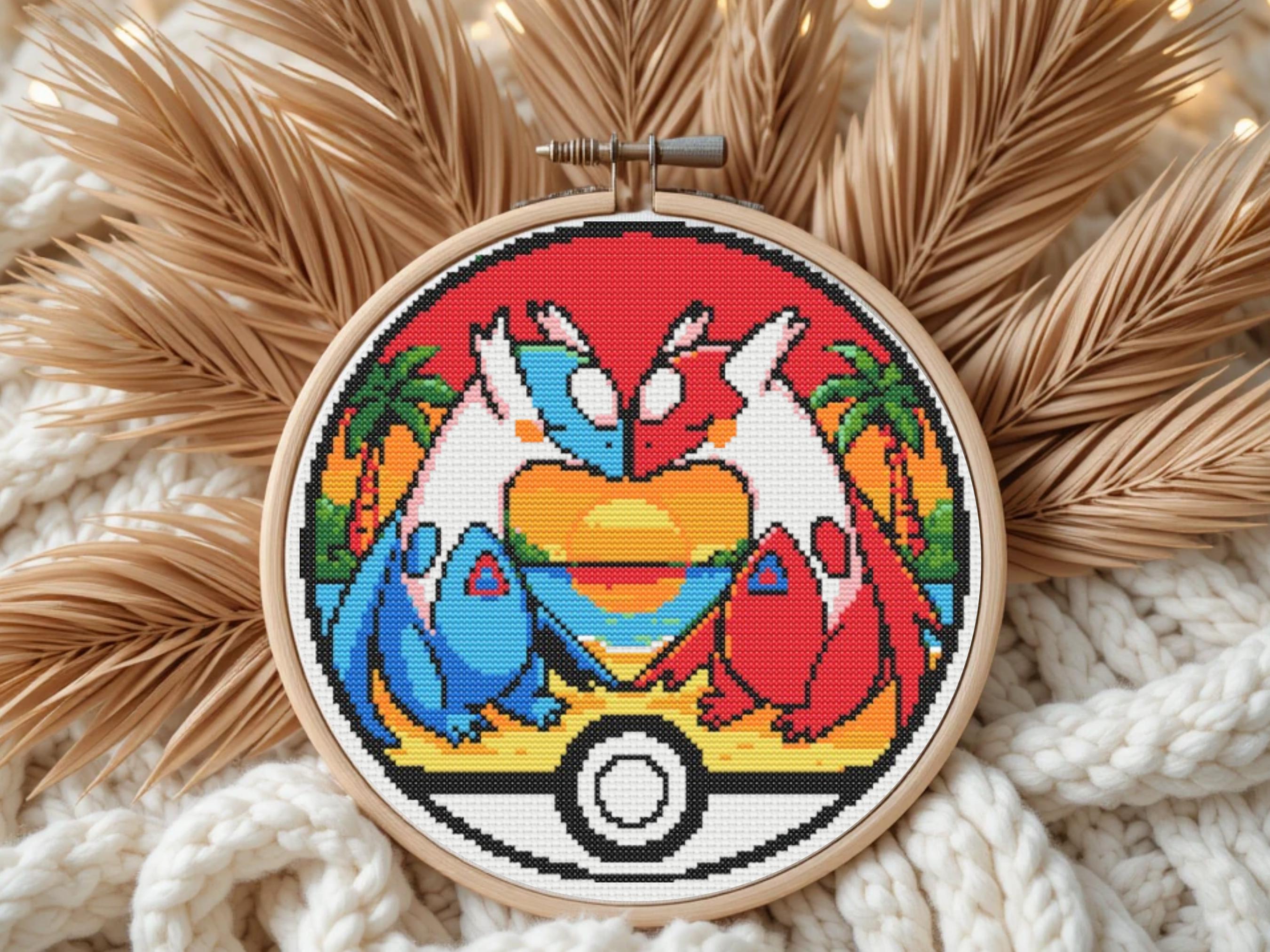 ラティオスとラティアスのクロスステッチパターン、モンスターボールの