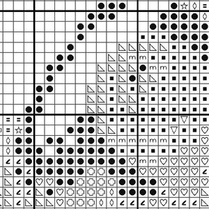 May include: A cross-stitch pattern chart with a grid of squares. The design features a stylized floral or leaf motif, with black, white, and gray symbols representing different stitch types. Hearts, triangles, and squares are used.