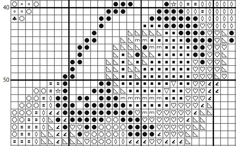 May include: A cross-stitch pattern chart with a grid of squares. The design features a stylized floral or leaf motif, with black, white, and gray symbols representing different stitch types. Hearts, triangles, and squares are used.