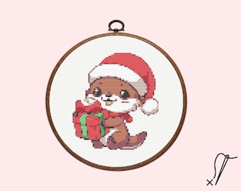 Otter Cross Stitch Pattern | Santa Otter Cross Stitch Pattern, instant dowload