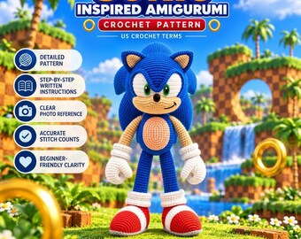 Super Egel Amigurumi Haakpatroon PDF, Blauwe Egel Pluche Speelgoed, Gehaakte Pop geïnspireerd op Videogame, DIY Digitale Download