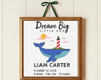 Geboorteaankondiging Kruissteekpatroon PDF | Droom Groot, Walvis Sampler | DIY Babyshower Eenvoudig Patroon - Direct PDF