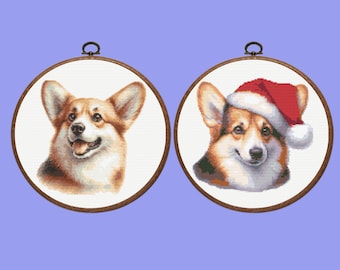 サンタの帽子をかぶったコーギーのクロスステッチPDF - クリスマス刺繍