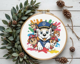 Borduurpatronen met cartoonhonden, direct te downloaden als PDF.