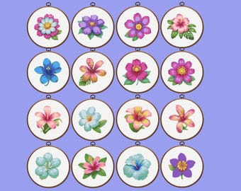 Tropical Flowers Cross Stitch Pattern |  Set of 16  Small Flowers Cross Stitch Pattern, instant download
