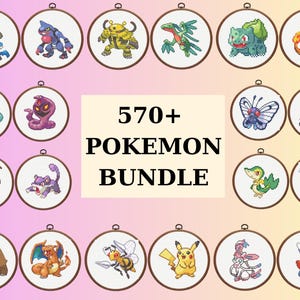 May include: A collection of circular embroidery hoops featuring pixel art designs of various Pokemon characters, arranged around a central rectangular sign that reads 570+ POKEMON BUNDLE in black text on a light cream background.