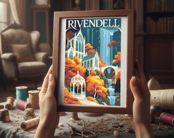 May include: A framed cross-stitch embroidery featuring the word RIVENDELL at the top. The artwork depicts white architectural structures, a stone bridge, and cascading waterfalls surrounded by vibrant orange and yellow autumn-colored trees.