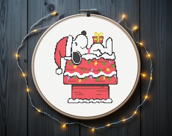 Borduurpatroon van een cartoonhond | Kerstborduurpatroon, direct te downloaden