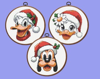 Christmas Cross Sttch Pattern, Set of 3 Cartoon Duck qn Friends Cross Stitch Pattern, instant PDF download