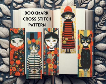 Bookmark Cross Stitch Pattern | Set of 5 Cat Bookmark Cross Stitch Patterns, instant PDF download