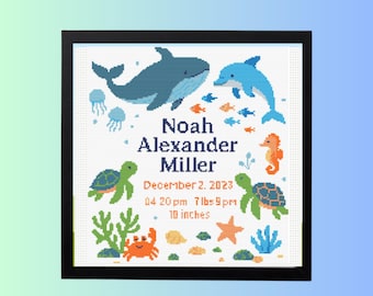 Birth Announcement Cross Stitch Pattern PDF | Ocean Sampler | DIY Baby Shower Easy Chart- instant  PDF