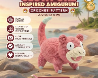 Slowpoke Pokemon haakpatroon PDF | Slowpoke Amigurumi-patroon | Schattig roze Pokemon knuffel | Digitale download | Amerikaanse haakvoorwaarden