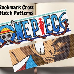 May include: Two rectangular cross stitch patterns for bookmarks. The top pattern features the blue text ONE PIECE with a skull and crossbones icon. The bottom pattern displays a stylised character illustration in shades of brown, blue, and red.