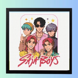 May include: Framed pixel art featuring five stylized male figures. The artwork has a pink and white background with the text "SAJA BOYS" in red. The figures have various hair colors and wear different outfits.