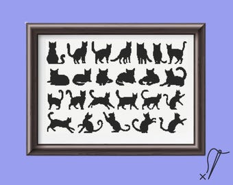 Cat Silhouette Cross Stitch Pattern | Set of 24 Cat Silhouettes Cross Stitch Pattern, instant PDF download