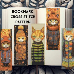 Puede incluir: Un patrón de punto de cruz para marcapáginas con gatos de dibujos animados con atuendo otoñal. La imagen muestra cinco diseños de marcapáginas con gatos que usan sombreros, abrigos y suéteres. El texto "BOOKMARK CROSS STITCH PATTERN" está en la parte superior.