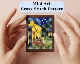 Mini kunst kruissteekpatroon | Schilderkunst kruissteekpatroon, Caféterras 's nachts kruissteekpatroon, direct te downloaden