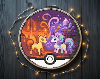Borduurpatroon van Ponyta en Galarian Ponyta | Borduurpatroon van een Pokébal | Borduurpatroon van Pokémon, direct te downloaden