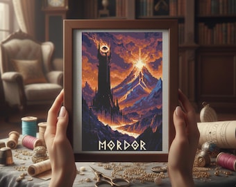 May include: A framed cross-stitch depicting a dark tower and a fiery mountain landscape. The artwork features a pixelated style with shades of black, orange, and blue. The word "MORDOR" is stitched at the bottom. The frame is brown.
