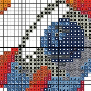 May include: Close-up of a cross-stitch pattern with a geometric design. The pattern features various shapes, including squares, triangles, and hearts, in shades of blue, red, orange, and gray. The design is on a grid.