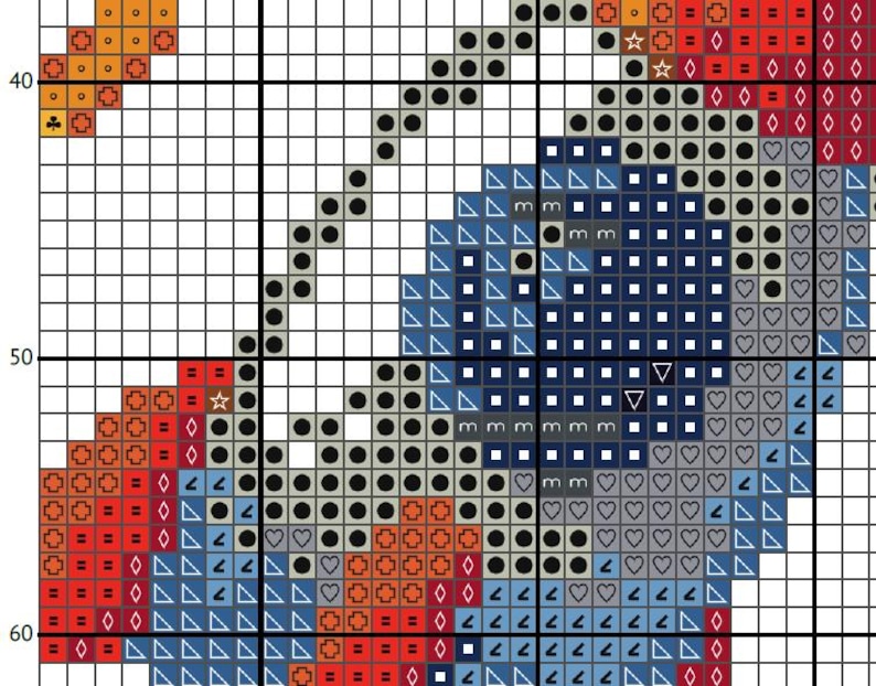 May include: Close-up of a cross-stitch pattern with a geometric design. The pattern features various shapes, including squares, triangles, and hearts, in shades of blue, red, orange, and gray. The design is on a grid.