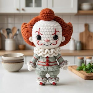 Pode incluir: Uma boneca de crochê com uma cabeça grande de cabelo de lã laranja brilhante, rosto branco com olhos de botão pretos e marcas faciais vermelhas costuradas. A boneca veste um traje cinza claro com botões vermelhos e gola branca com babados.