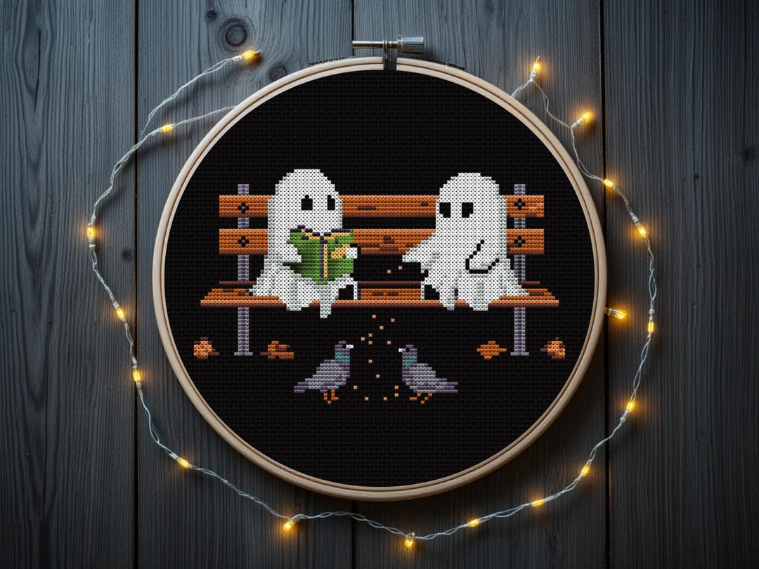 Cute Ghost Cross Stitch Pattern, Ghosts at Park Cross Stitch Pattern ...