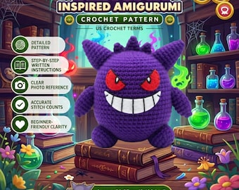 Amigurumi Gengar Crochet Pattern PDF, Pokemon Ghost Monster Plushie Crochet Tutorial, DIY Anime Stuffed Toy Pattern, US Terms Intermediate