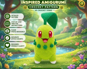 Chikorita Pokemon haakpatroon PDF, Chikorita Amigurumi patroon, schattige gras Pokemon pluche, DIY gehaakt speelgoed, digitale download