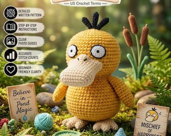Haakpatroon Psyduck (PDF), Amigurumi-patroon Psyduck, Haakhandleiding Pokémon, Schattige pluche eend zelf maken, Direct downloaden