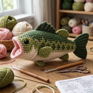 May include: A crocheted fish toy featuring a dark green back with a lighter green and cream speckled pattern, a pink open mouth, and a black eye. The fish is positioned on a wooden surface alongside two crochet hooks, scissors, and a pattern sheet.
