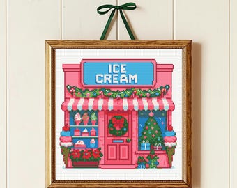 Kerstwinkel kruissteekpatroon, ijswinkel kruissteekpatroon, kerststad, instant download