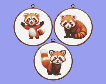 Schema punto croce panda rosso / Set di 3 simpatici schemi punto croce panda rosso, download immediato