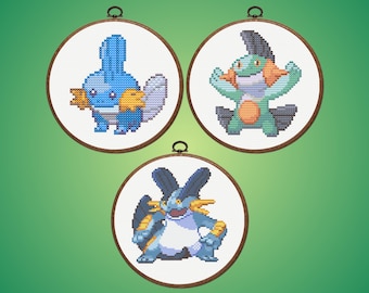 Set van 3 Mudkip Evolutie Kruissteekpatronen | Mudkip Marshtomp Swampert Pokémon PDF Download | Water Grond Type Anime Borduurpakket