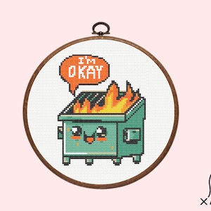 I am Okay Cross Stitch Pattern  | Funny Trash Can Cross Stitch Pattern, instant dowload