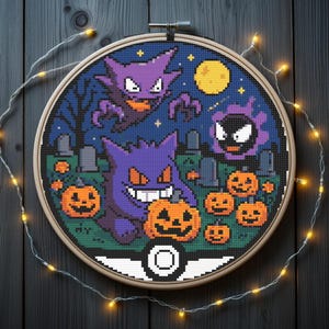Patrón de punto de cruz de Gengar, Gastly y Haunter, patrón de punto de cruz de Pokeball, patrón de punto de cruz de Pokémon, descarga instantánea