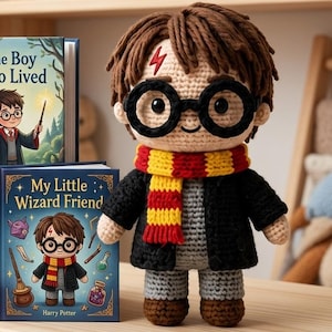 May include: A crocheted doll featuring brown yarn hair, a red lightning bolt on the forehead, and large black circular glasses. The doll wears a black jacket, a red and yellow striped scarf, a grey shirt, and brown shoes, standing beside two books.